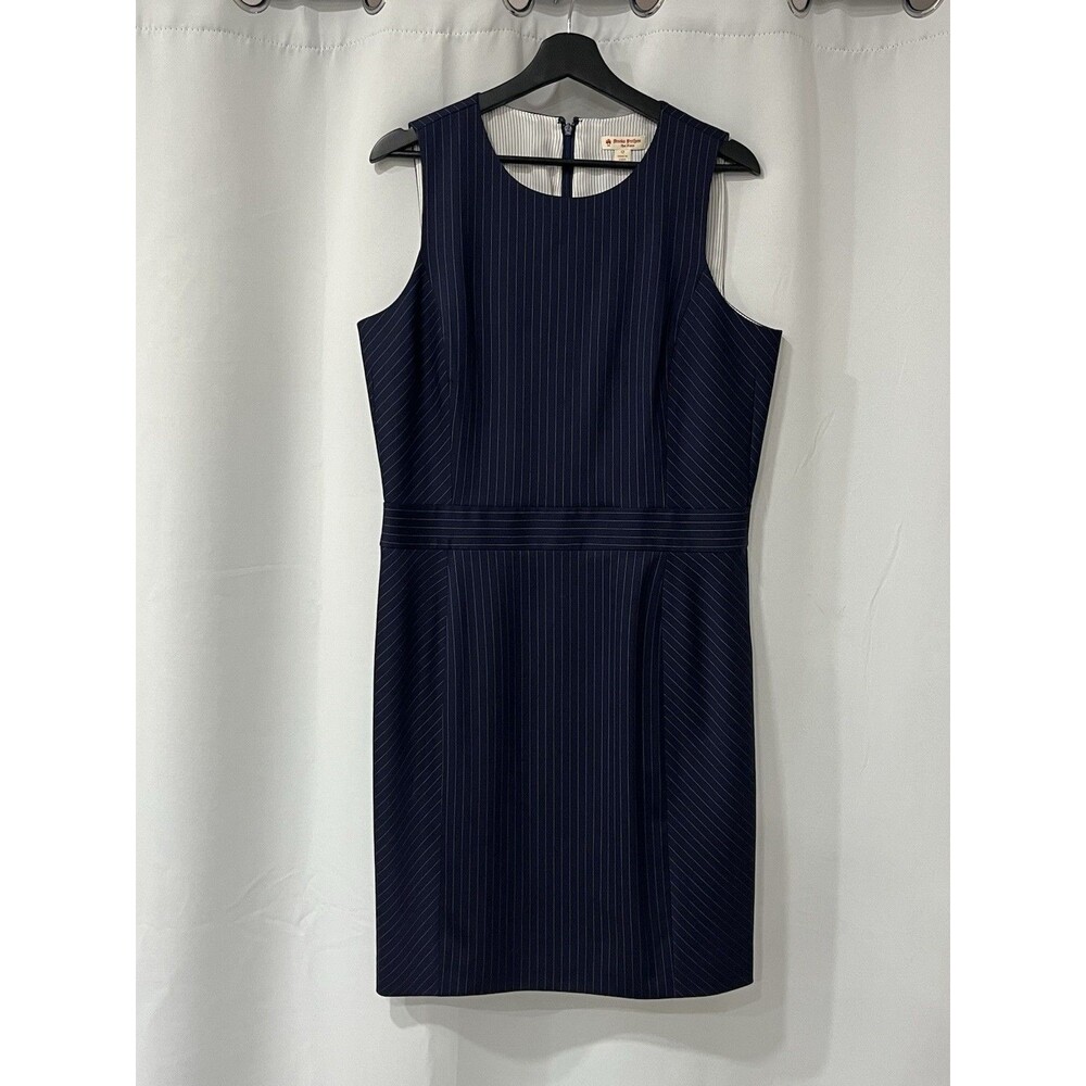 Brooks Brothers Red Fleece Dress 12 Navy Blue Wool Pinstripe Sheath Sleeveless